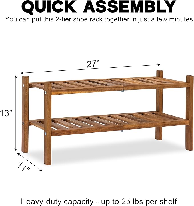 Natural Acacia Wood 2-Tier Folding Shoe Rack – Space-Saving Wooden Shoe Organizer Shelf for Entryway, Hallway, Mudroom, or Closet – Compact Indoor Storage for Footwear & More-NeatNest