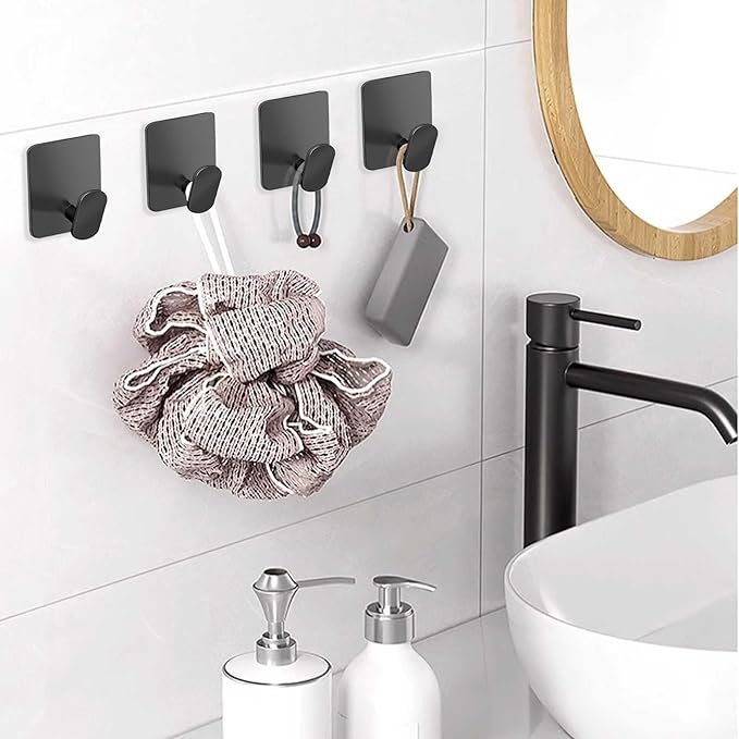 Adhesive Hooks - 4 Pack Towel/Wall Hooks for Hanging Coat, Hat,Towel Robe, Heavy Duty Hooks Stick on Kitchen or Bathroom (Matte Black, Waterproof, Stainless Steel)