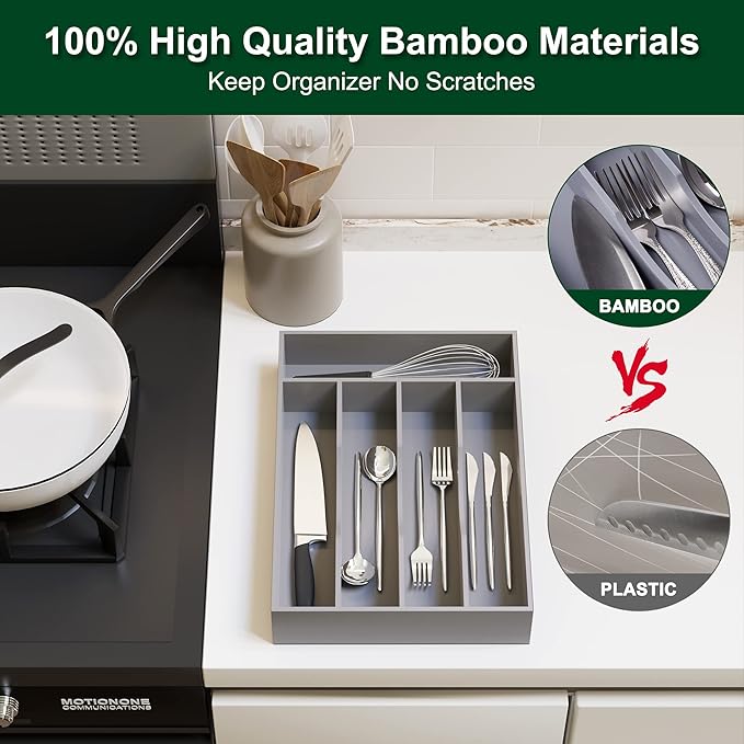 Bellsal Grey Utensil Organizer 10 Inch Silverware Tray for Drawer Utensil Holder Cutlery Organizer Kitchen Drawer Organizer 5 Compartment Small Narrow Bamboo-NeatNest