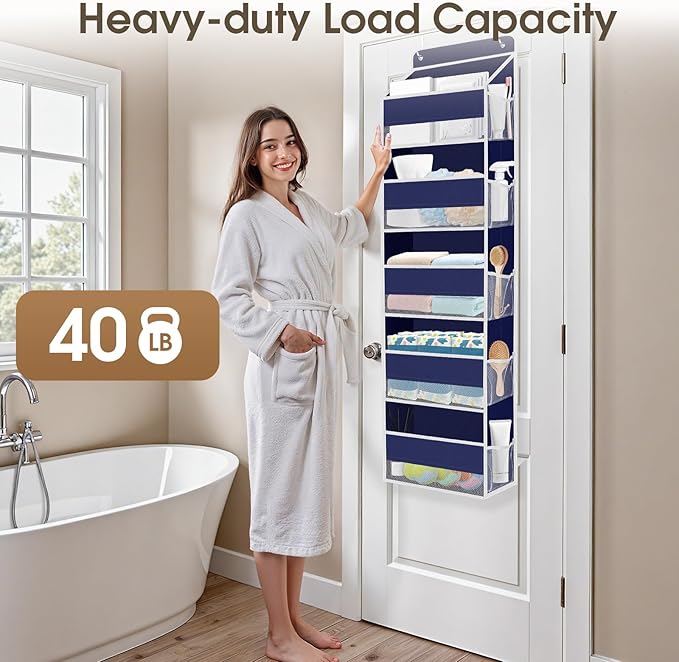1 Pack Over The Door Organizer, Hanging Storage Organizer with Clear Window, 40lb Ultra Sturdy Large Capacity Room Organizer for Pantry Laundry Bathroom Nursery Closet (Blue)-NeatNest