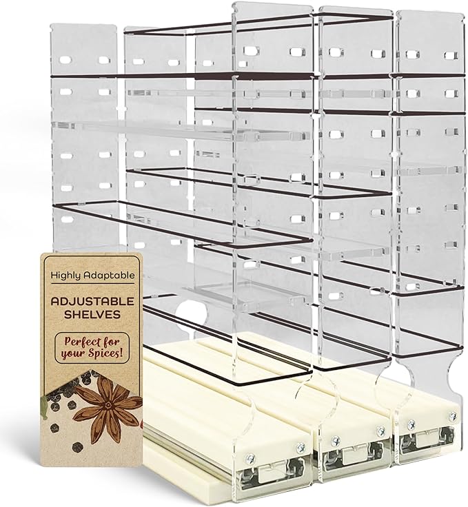 Vertical Spice Adjustable Spice Rack Drawer - Pull Out Cabinet Organizer - Kitchen and Pantry Organizers and Storage - Spice Caddy - 3 Drawers, 5 Upper Tier (6.9" W x 11.25" H x 10.6", Cream)