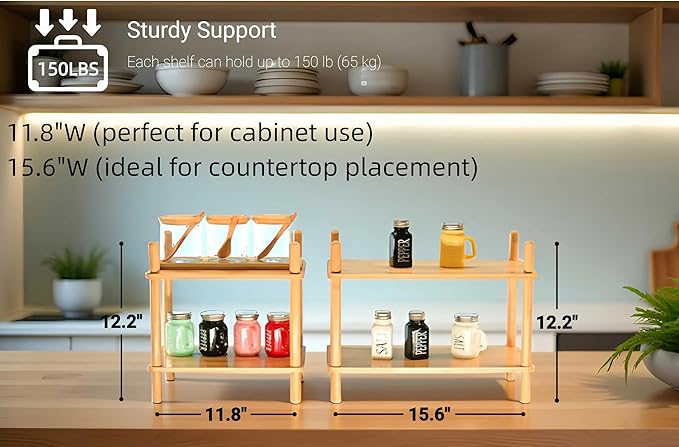 Bamboo Rack | Tool-Free Expandable (2-6 Tiers) | Kitchen Spice Organizer & Office Breakroom Snack/Cup Storage (Natural Bamboo)(Powered by Gogogo) (Natural, 15.6" W(3 Tier))-NeatNest