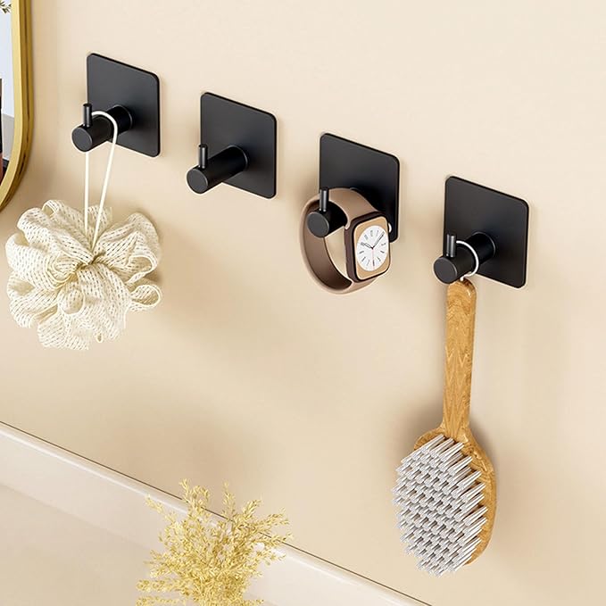 Adhesive Hooks 4 Pack Heavy Duty Stick on Wall Hooks Robe Towel Hooks Waterproof Stainless Steel Black Self Adhesive Hook for Hanging Clothes Bathroom Sticky Hooks