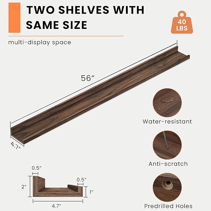 Heimlove Picture Ledge Shelf, Floating Shelves Set of 2, 56 Inches Picture Shelf for Wall with Ledge, Kids Bookshelf Wall Mounted for Living Room Bedroom Decor Books Photo Frames, Walnut-NeatNest