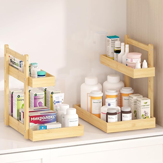 Under Sink Organizer - 2-Tier Pull Out Cabinet Organizer Vertical Slide Out Sink Shelf Storage Shelves for Multi-Purpose Bath Kitchen Bathroom Medicine (Nature, 2 Packs)-NeatNest