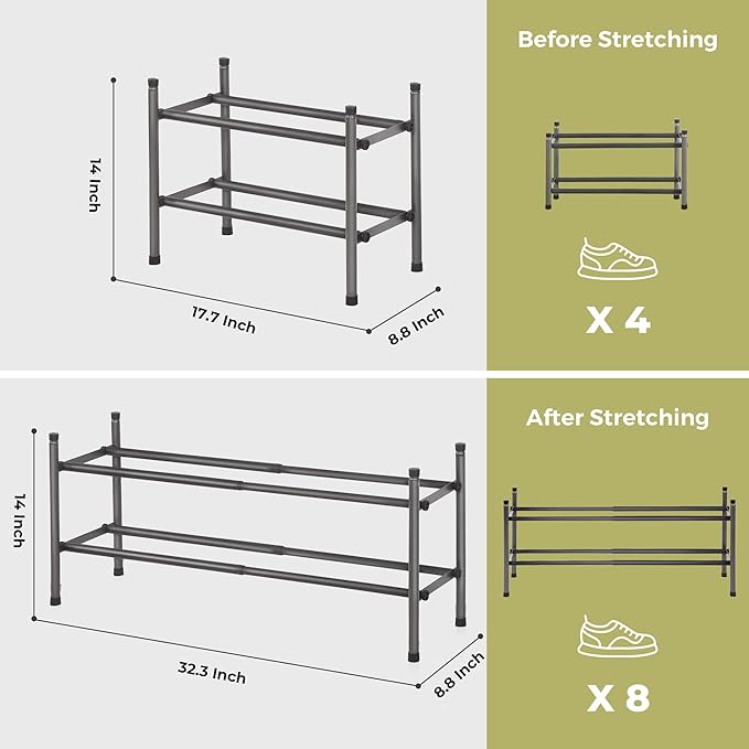 Shoe Rack, Expandable Shoe Storage Organizer for Closet, 2 Tier Metal Shoe Rack for Entryway, Adjustable Small Shoe Shelf for Front Door Entrance, Small Space, Garage-NeatNest