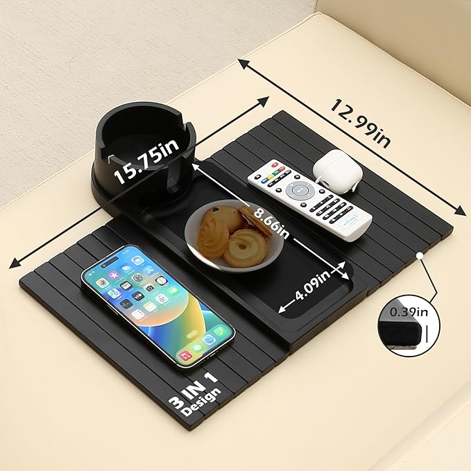 Couch Cup Holder Tray, 15.75" Bamboo Cup Holder for Couch, 3 in 1 Foldable Arm Chair Clip on Side Tray Table for Remote Snack Table on Armrest-NeatNest
