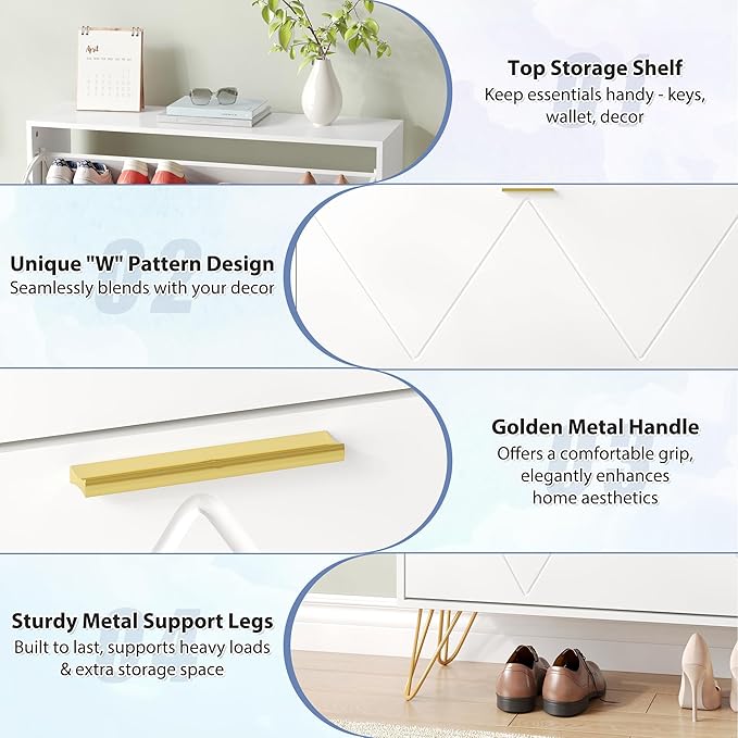 Shoe Cabinet with 2 Flip Drawers, Shoe Storage Cabinet Entryway Slim, White and Gold Narrow Shoe Cabinet w/Metal Legs, Hidden Freestanding Shoe Rack Organizer for Entryway, White-NeatNest