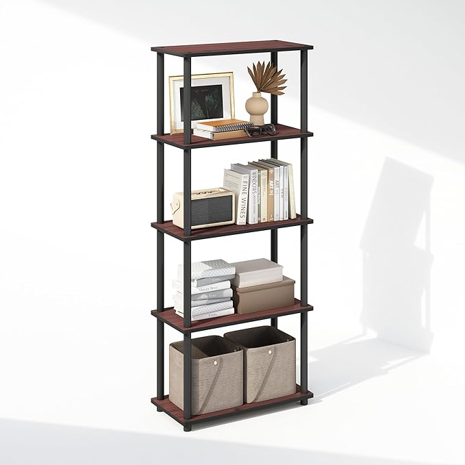 Furinno Turn-N-Tube 5-Tier Multipurpose Compact Bookcase, Dark Cherry/Black-NeatNest