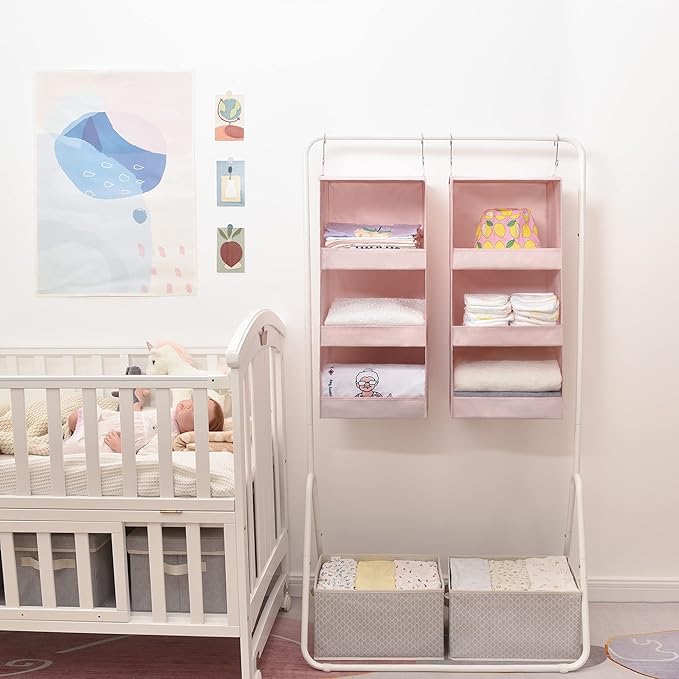 GRANNY SAYS 3 Shelf Hanging Closet Organizers and Storage, Collapsible Closet Storage Organizer with 2 Metal Hooks, Leak-Proof Hanging Shelves for Kids Clothes, Baby Towels, 2 Pack, Pink-NeatNest