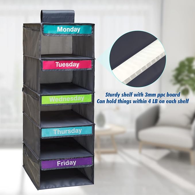 5-Shelf Weekly Clothes Organizer for Kids, Kids Daily Shelf Hanging Closet Organizer with 6 Side Pockets, Days of The Week Hanging Storage Shelves, Grey-NeatNest