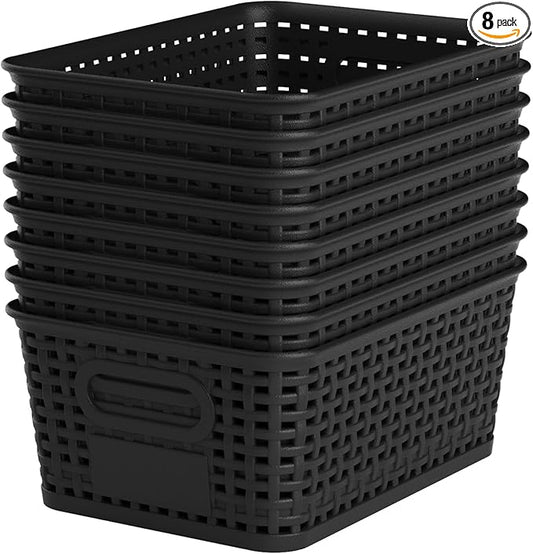 Black Plastic Storage Baskets - Pack of 8 with Labels Stackable Durable Storage Bins, Storage Containers for Organizing Desktops, Closets, Playrooms, Classrooms, Offices-NeatNest