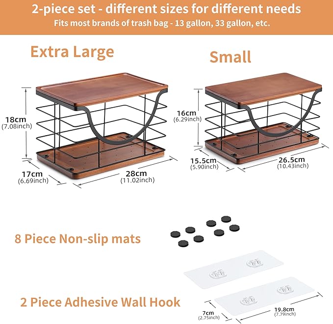 Extra Large Trash Bag Holder Stackable Kitchen Storage, 2 Pack Wall Mounted Pantry Organizers and Storage with Bamboo Top, Garbage Bag Dispenser Under Sink for Laundry Room and Kitchen-NeatNest