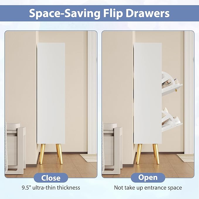 Entryway Shoe Cabinet, White Shoe Storage Cabinet with 2 Flip Doors and Shelf, Narrow Hidden Shoe Organizer Cabinet Slim, Freestanding Shoe Rack for Entryway, White-NeatNest