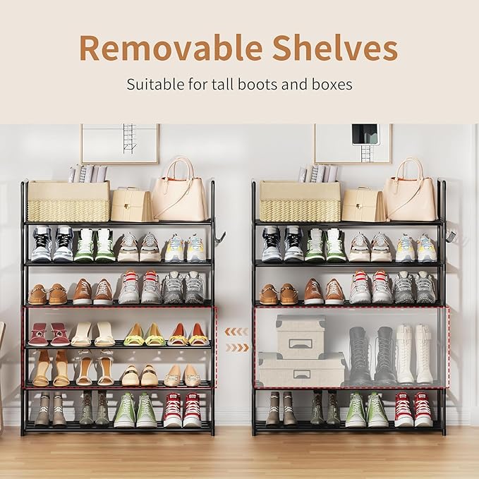 Metal Shoe Organizer,6 Tiers Shoe Storage Shoe Rack with Hooks,Fit 24-30 Pairs,Adjustable Shoe Shelf for Entryway,Hallway,Bedroom,Metal Bottom Support-NeatNest
