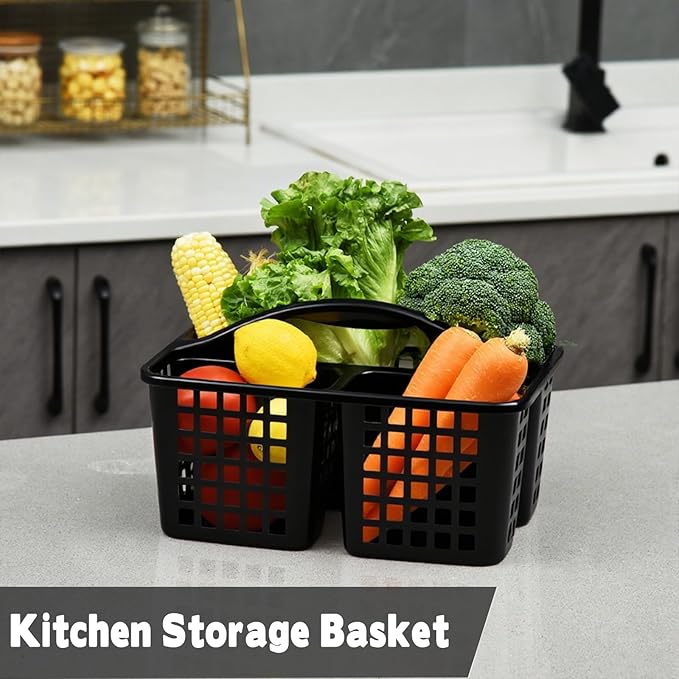 Haundry Plastic Shower Caddy Basket with 3 Compartments, Portable Divided Cleaning Supply Storage Organizer with Handle (Black)-NeatNest