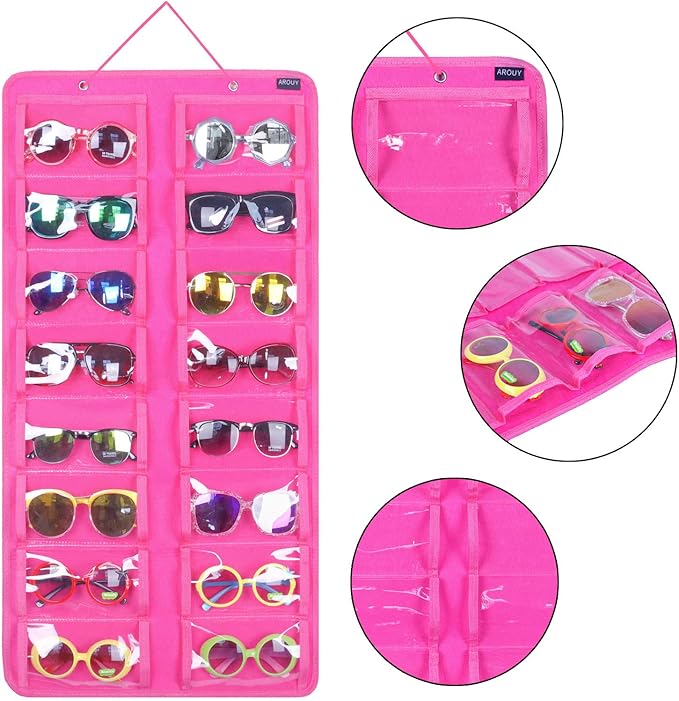AROUY Sunglasses Organizer Storage, Hanging Dust Proof Wall Pocket Glasses Organizer - 16 Felt Slots Sunglass Organizer Holder with Metal Hook and Sturdy Rope (Dust Proof, Rose)-NeatNest