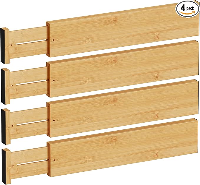 BAMEOS 4" High Drawer Dividers Bamboo Separators Organization Expandable Organizers for Kitchen Bedroom Bathroom Dresser Office 4-pack-NeatNest