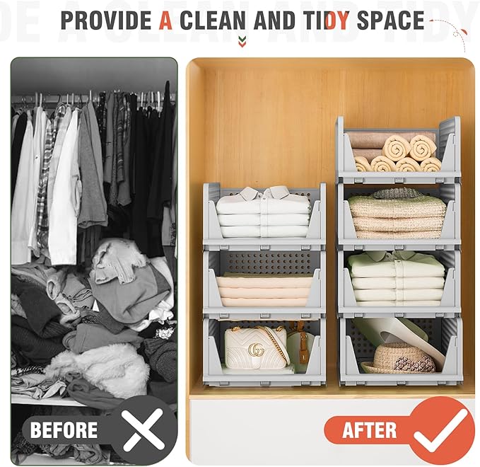 Neprock Clothes Storage - 4 Pack Plastic Drawer Organizers, Stackable Closet System for Towel, T-Shirt, Sweater (4L Gray)