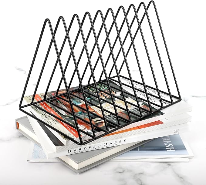 EASEPRES Vinyl Record Holder Storage, 9 Slot Metal Magazine Book Album Display Rack, Stylish Triangle Desktop File Sorter Organizer for Home Office, Black Pack of 3