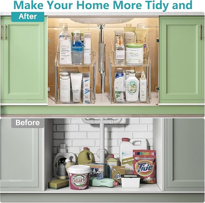 2 Pack Clear Under Sink Organizers, Pull Out Cabinet Organizer,2 Tier Bathroom Storage Organizer,Cabinet Drawers Organization Bins with Track for Kitchen,Pantry,Fridge,Vanity