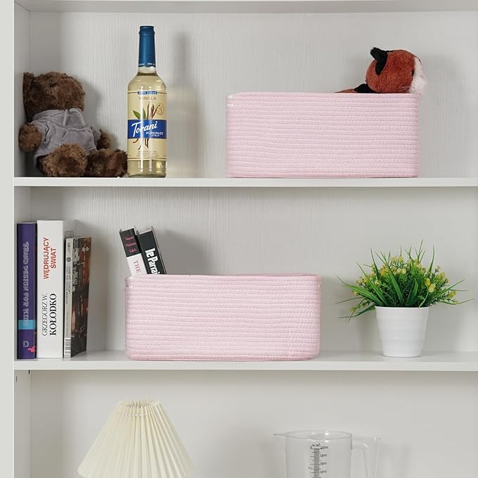 3-Pack Storage Baskets for Organizing | Woven Shelf Toy Basket | Rope Baskets for Gifts Empty | Closet Organizer Bins with Handles | Cube Decorative Box | 13.7×7.1×6.7” | Mixed Pink-NeatNest