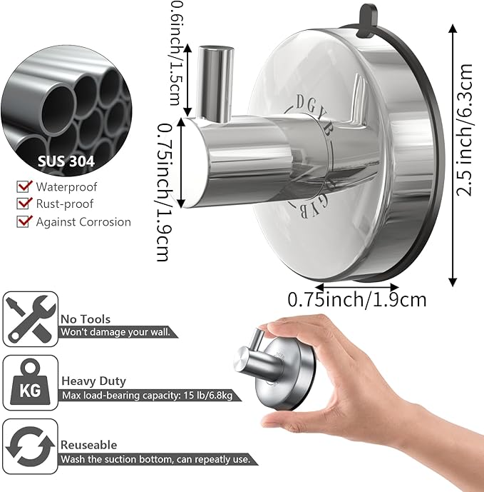 DGYB Suction Cup Hooks - 15LB Shower Hooks for Inside Shower, Stainless Steel No Drill Wall Hook Set of 2 Chrome Towel Hook for Bathrooms, Loofah, Robe-NeatNest