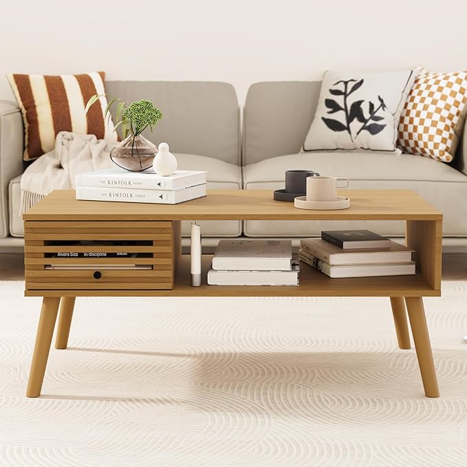 Coffee Table, Mid Century Modern Table with Storage, Living Room Center Table with Slatted Panel Drawer, Fluted Wood Coffee Table with Open Shelf for Living Room, Oak-NeatNest