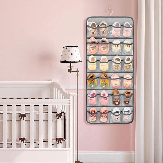 Dual-sided Hanging Baby Shoes Organizer Closet Toddler Shoe Storage Holder for Kids Bow Socks Underwear (GREY)-NeatNest