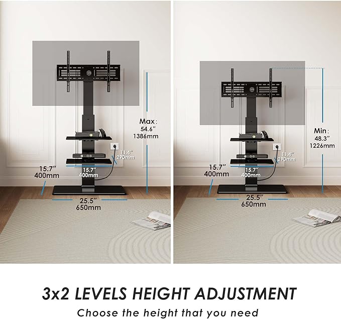 FITUEYES Floor TV Stand for 32-75 inch TV with Power Outlet, Tall TV Mount for Bedroom Living Room with Tempered Glass Base, TV Stand with Mount Holds Up to 88lbs MAX VESA 600x400mm,Black-NeatNest