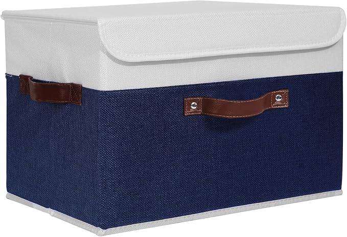 ANMINY Storage Boxes with Lids Washable Decorative Storage Bins Basket with PU Leather Handle Foldable Linen Fabric Storage Cubes Containers for Home Closet Organizer - Deep Blue White, Large Size-NeatNest