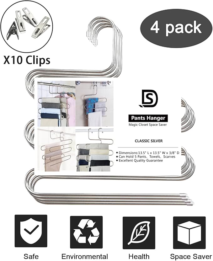 devesanter Pants Hangers Non-Slip S-Shape 4 Pack Trousers Hangers Stainless Steel Clothes Hangers Closet Storage Organizer for Pants Jeans Scarf (4 Pack with 10 Clips)-NeatNest