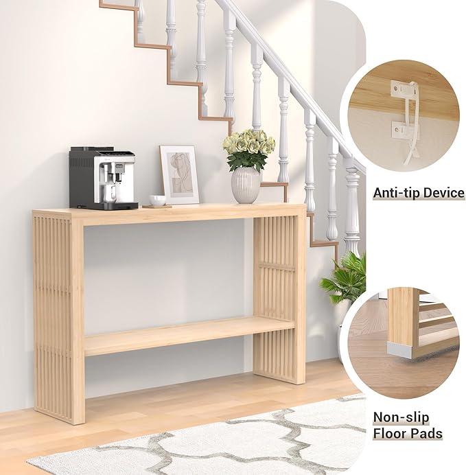 Bamboo Wood Entryway Table 47.2" Console Table, 2-Tier Farmhouse Narrow Sofa Table with Grille-Inspired Sides Easy Assembly for Entrance, Hallway, Living Room, Bedroom, Foyer(Natural)-NeatNest