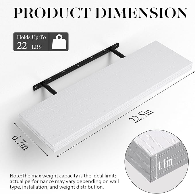 BAYKA Floating Shelves Set of 2, 22.5" Rustic Wood Wall Mounted Shelves for Bathroom, Bedroom, Living Room, Kitchen & Office, Hanging Display Shelf with 22 lbs Capacity (White)-NeatNest