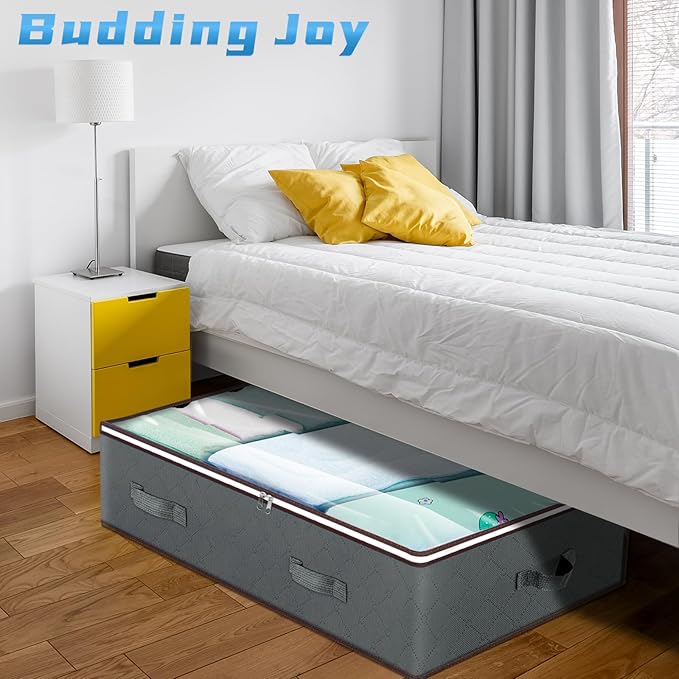 Budding Joy 90L Under Bed Storage Containers, Closet Organizers and Storage Bins, Foldable Underbed Storage Bags for Blanket, Clothing, Comforter, Sweaters, Pillows, Linen Sheets, Wrapping Paper, Grey-NeatNest