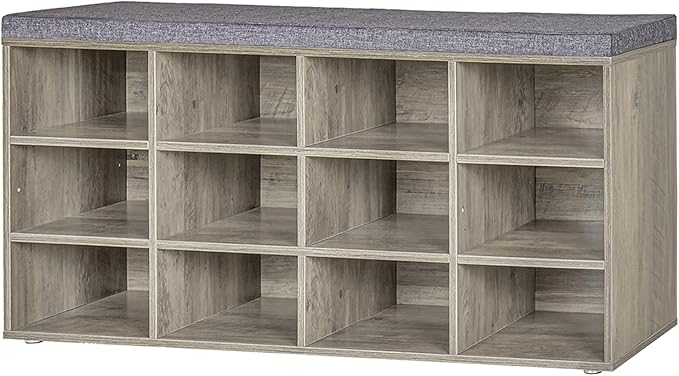 DINZI LVJ Shoe Bench, 12 Cubbies Shoe Organizer for Entryway, Storage Bench with Cushion, Cubby Shoe Rack with Adjustable Shelves for Living Room, Bedroom, Mudroom, Hallway, Gray Wash-NeatNest