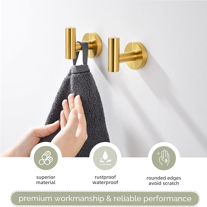 Angle Simple Bathroom Towel Hook 2 PCS, SUS304 Stainless Steel Bath Towel Robe Coat Holder, Heavy Duty Wall Hook, Brushed Gold