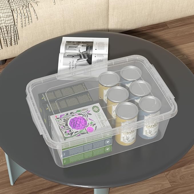 4-Pack Plastic Storage Containers with Latch Covers, BPA Free Stackable Fridge Organizer Bins, 14 L, Clear