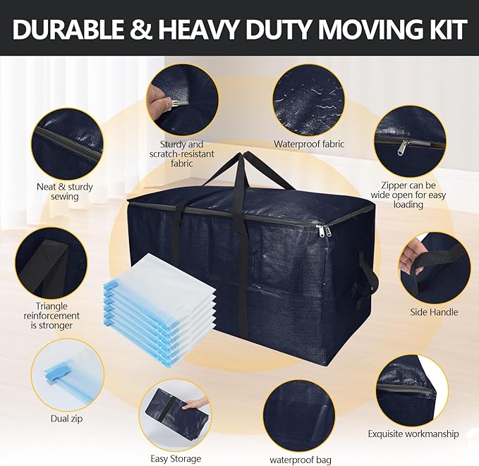 Foldable Moving Bags Extra Large Storage Bags Set Heavy Duty Moving Totes with Strong Handles & Zippers, Waterproof Dual-Way Carrying Design, (Dark Blue, 16 Park-6 Moving bag & 10 Vacuum Seal Bag)