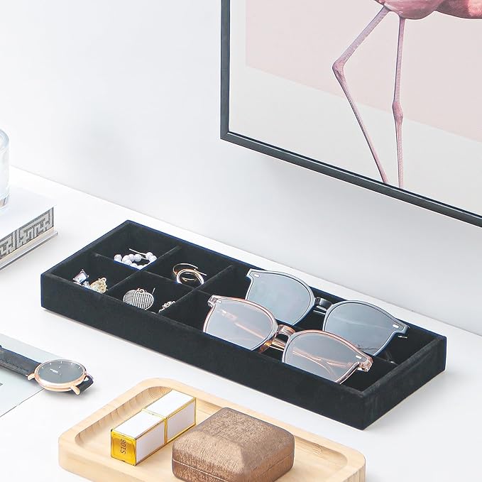 Divided Drawer Organizer Tray, Velvet Jewelry Storage Tray, Necklace Bracelet Ring Earring Display Tray,Bedside Nightstand Desk Holder Tray for Phone Watch Sunglasses Cosmetics Storage/Black/6grid-NeatNest