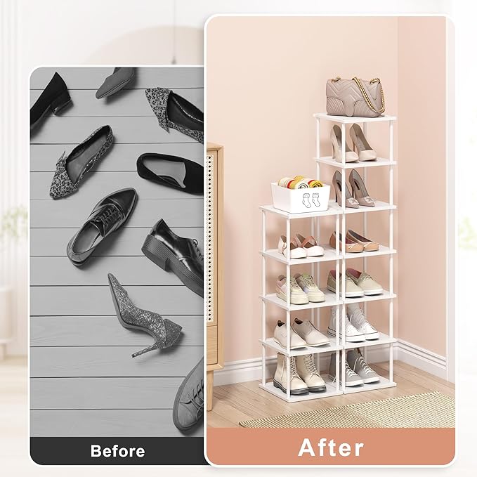 Vertical Tall Shoe Rack Organizer for Entryway -12 Tier Free Standing Slim Narrow Bamboo Wood Corner Stackable Shoe Boots Storage Stand Small Spaces for Closet Garage Cloakroom Living Room (White)-NeatNest