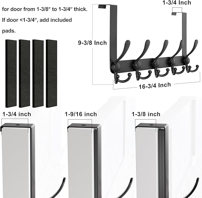 Dseap Over Door Hook 2.0 - Upgraded Version - Simple-Assembly, Strong, Heavy-Duty Stainless Steel 5-Tri-Hook Over The Door Hanger Rack, SimpleStrong Series, Black