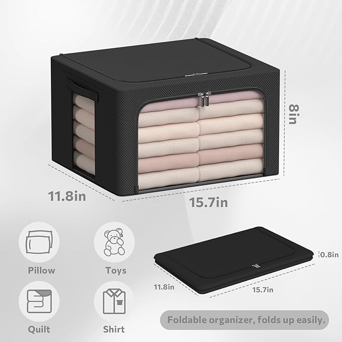 3Pack Frame Storage Box - Clothes Storage Bin Bags Oxford Fabric Foldable Stackable Container Organizer Set with Clear Window & Carry Handles (Black, Small-22L)-NeatNest