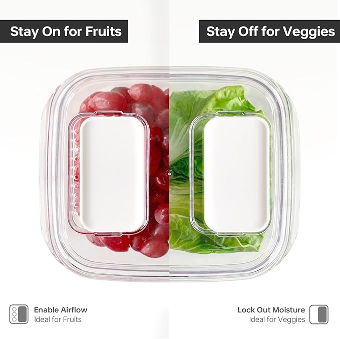 Felli Duo Fresh Veggie Keeper Bin with Vent + Drain Trays, RECTANGLE Fridge Vegetable Fruit Container for LONG & LARGE Produce Storage Lettuce Cabbage Celery Cucumber Organizer for Refrigerator
