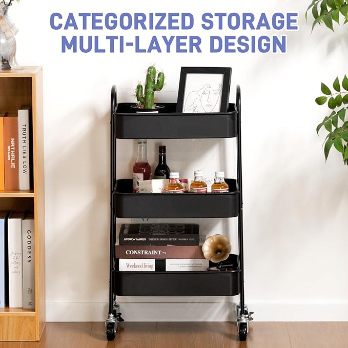 AGTEK 3-Tier Rolling Carts with Wheels, Rolling Utility Cart with Iron Frame for Kitchen, Plastic Shelves, Living Room, Office, Black