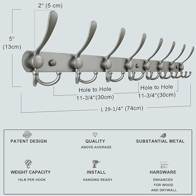 Dseap Coat Rack Wall Mount - 29.5” Long 8-Tri-Hooks Heavy Duty Coat Hanger Rail Wall Hooks for Hanging Coats Hats Clothing Clothes Purse Mudroom Entryway, Gray-NeatNest