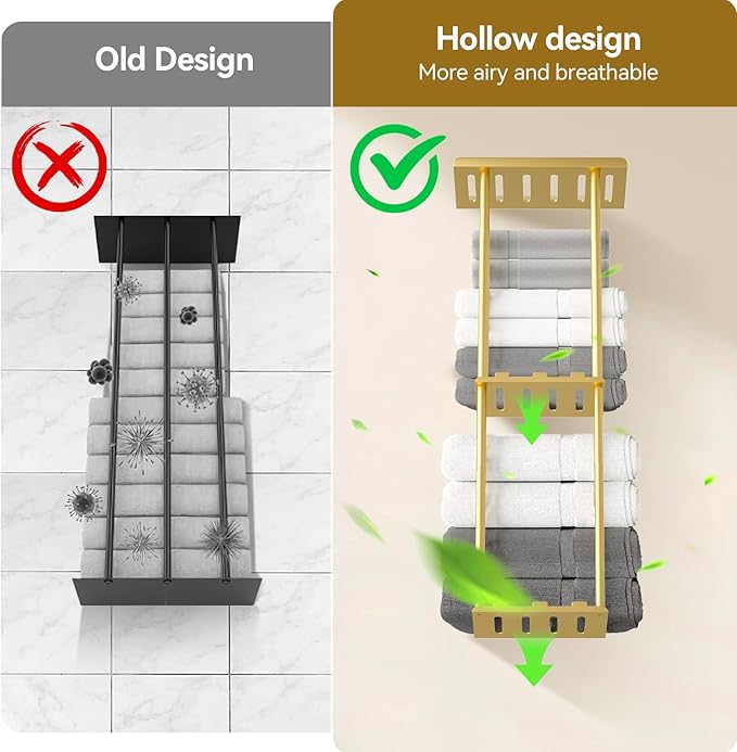 Towel Racks for Bathroom, 3 Tier Metal Towel Holder, with Shelf & 6 Hooks, 29 inch Wall Mounted Towel Storage, 6 Large Bath Towels Capacity,Small Bathroom Towel Rack for Rolled Towels, Gold