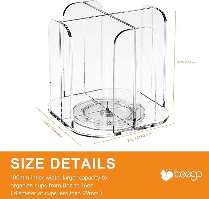 Beego Rotatable 4-Compartment Acrylic Cup Dispenser - Coffee Station Cup and Lid Carousel Countertop Plastic Cup Holder for Restaurant Breakroom Coffee Bar-NeatNest