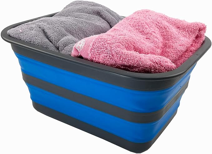 SAMMART 12L (3.17Gallon) Collapsible Tub - Portable Outdoor Picnic Tray - Portable Washing Basin - Space Saving Plastic Washtub (Grey/Blue)
