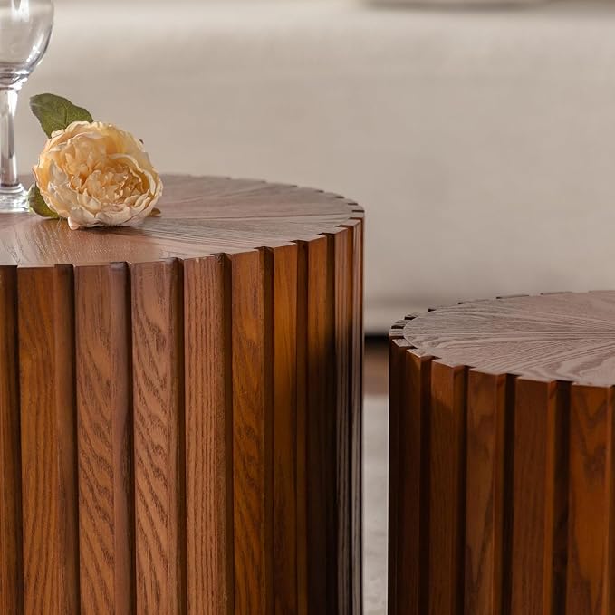 Round Coffee Table Set of 2, Nesting Coffee Table and End Table Set Small Circle Drum Side Table for Living Room Office, No Assembly (C Walnut Small)